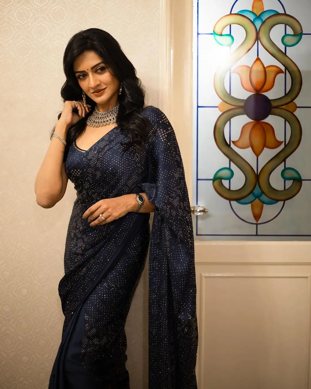 Tamil Girl Vimala Raman Wearing Blue Designer Saree Blouse